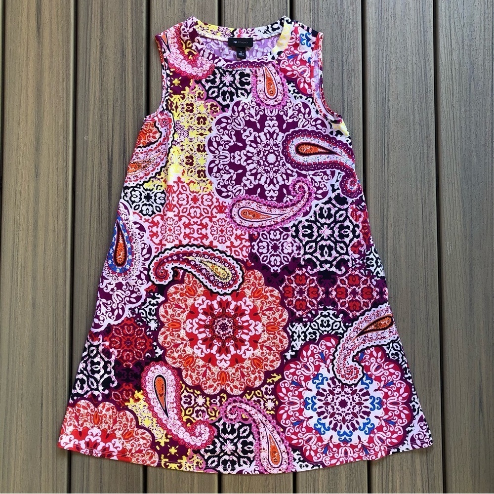 NEW AB Studio Multicolor Paisley Round Neck Shift Dress Size S